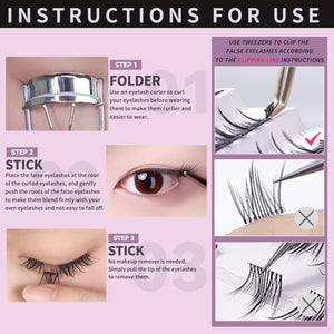 Damman Self-Adhesive Eyelash 30 Clusters No Glue Needed Press On Lash Natural Look D Curl 10-14mm DIY Lash Extension Kit With Lash Tweezers (NO.10)