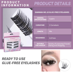 Damman Self-Adhesive Eyelash 30 Clusters No Glue Needed Press On Lash Natural Look D Curl 10-14mm DIY Lash Extension Kit With Lash Tweezers (NO.10)