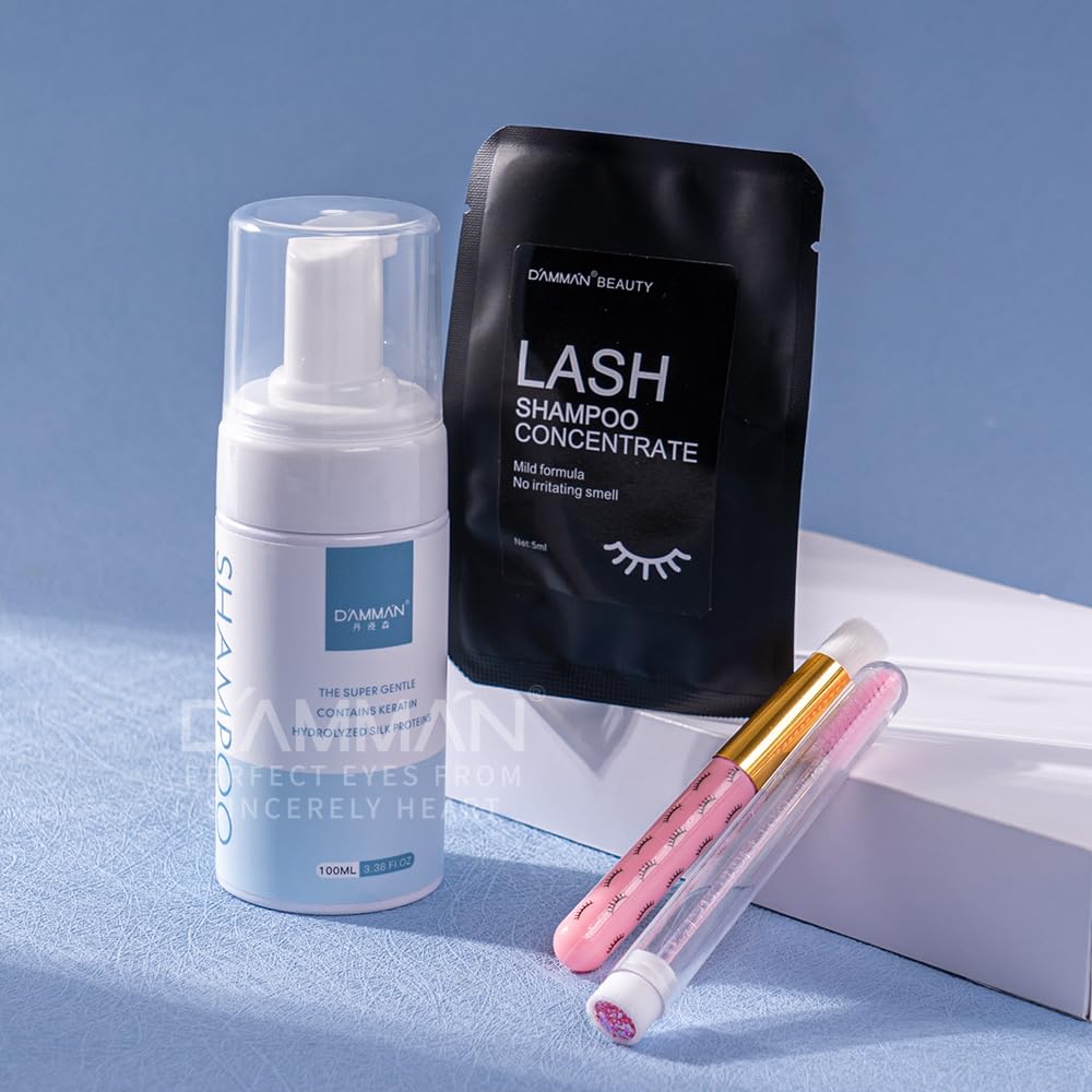 DAMMAN Lash Shampoo Brush Kit 100ml Cleansing Mousse with Cleaning Brush and Eyelash Brush and 5ml Lash Shampoo Concentrate Gentle Foam Lash Cleanser Kit