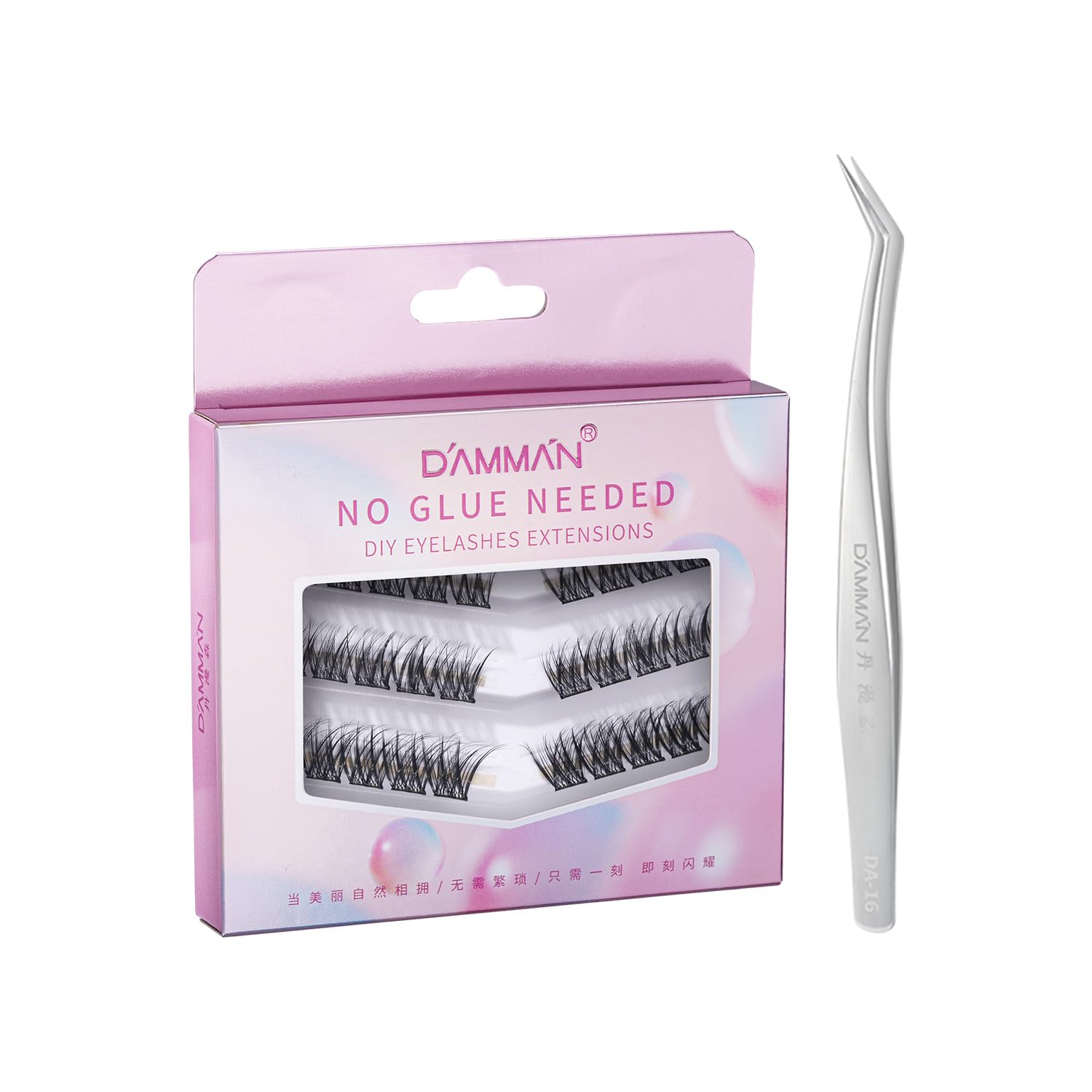 Damman Self-Adhesive Eyelash 30 Clusters No Glue Needed Press On Lash Natural Look D Curl 10-14mm DIY Lash Extension Kit With Lash Tweezers (NO.10)
